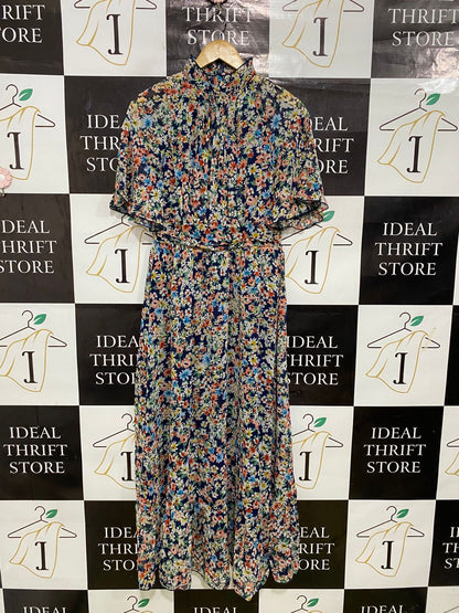 SHEIN |M| BUST 16| A31| NAVY MULTICOLOR FLORAL HIGH-NECK CAPE-SLEEVE MIDI DRESS