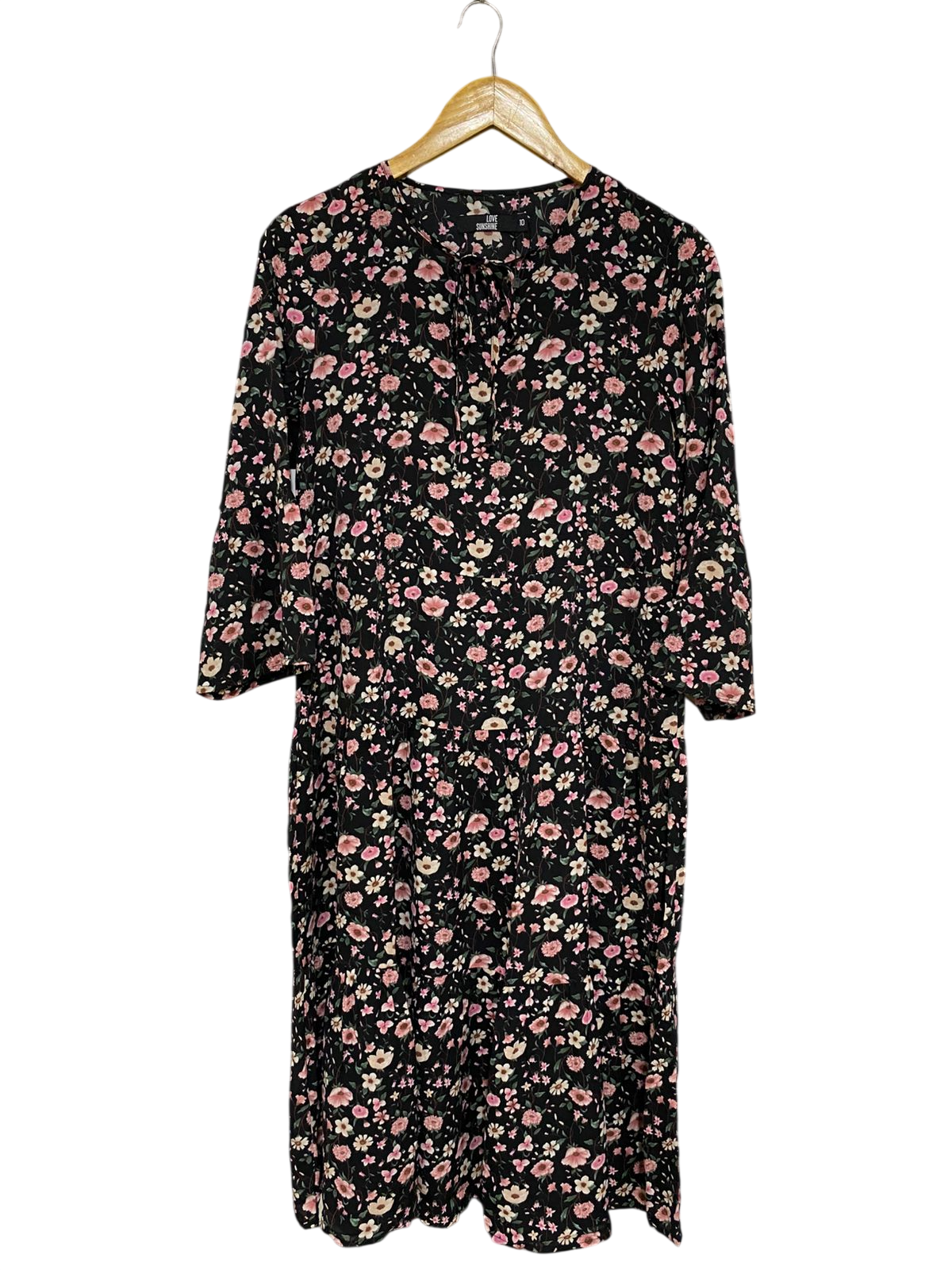 LOVE SUNSHINE |M| BUST 17| A32| BLACK & PINK FLORAL TIE-NECK TIERED MIDI DRESS