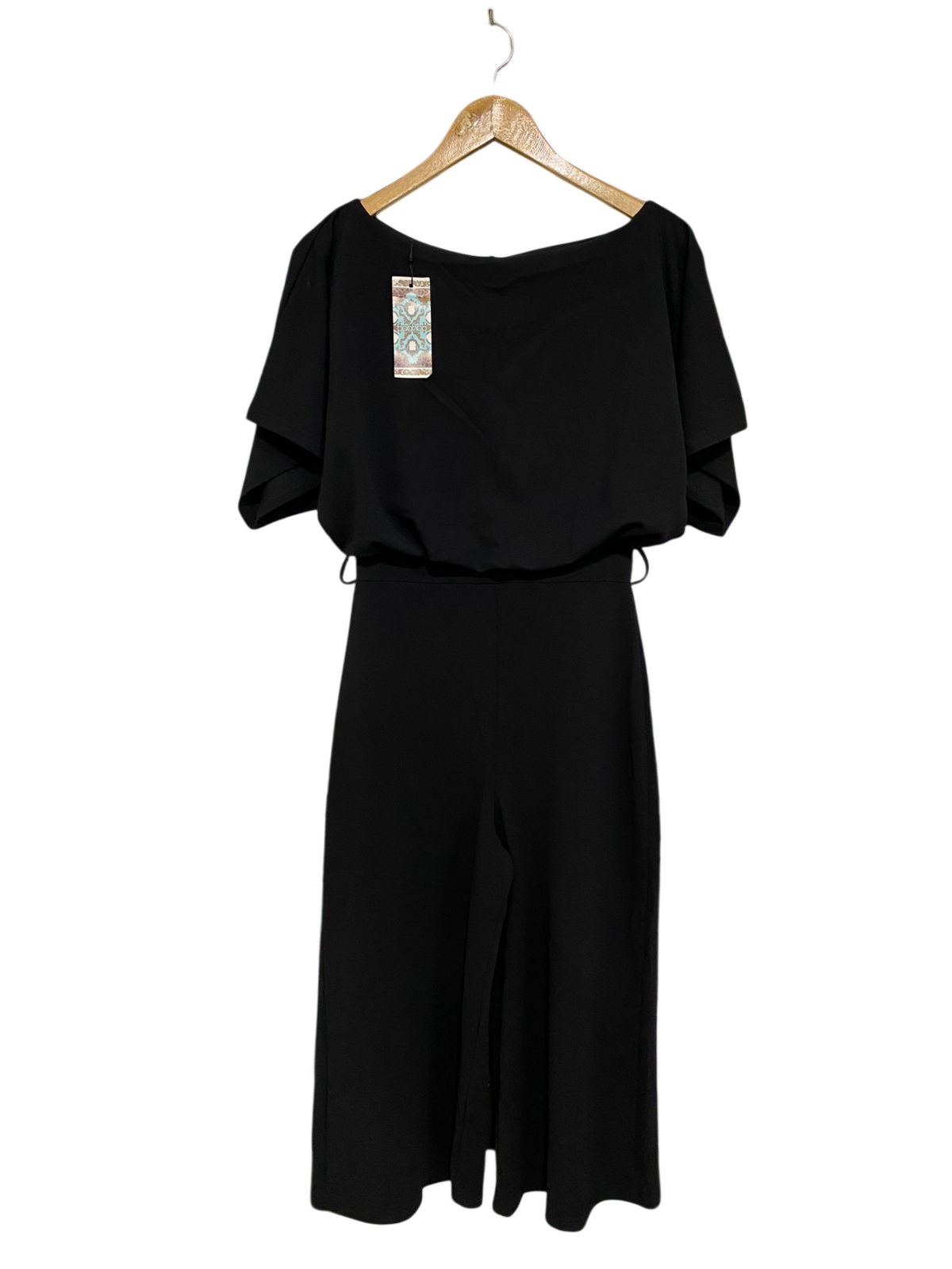 BOOHOO |M| BUST FREE| A32| BLACK BOAT-NECK SHORT-SLEEVE WIDE-LEG CROP JUMPSUIT