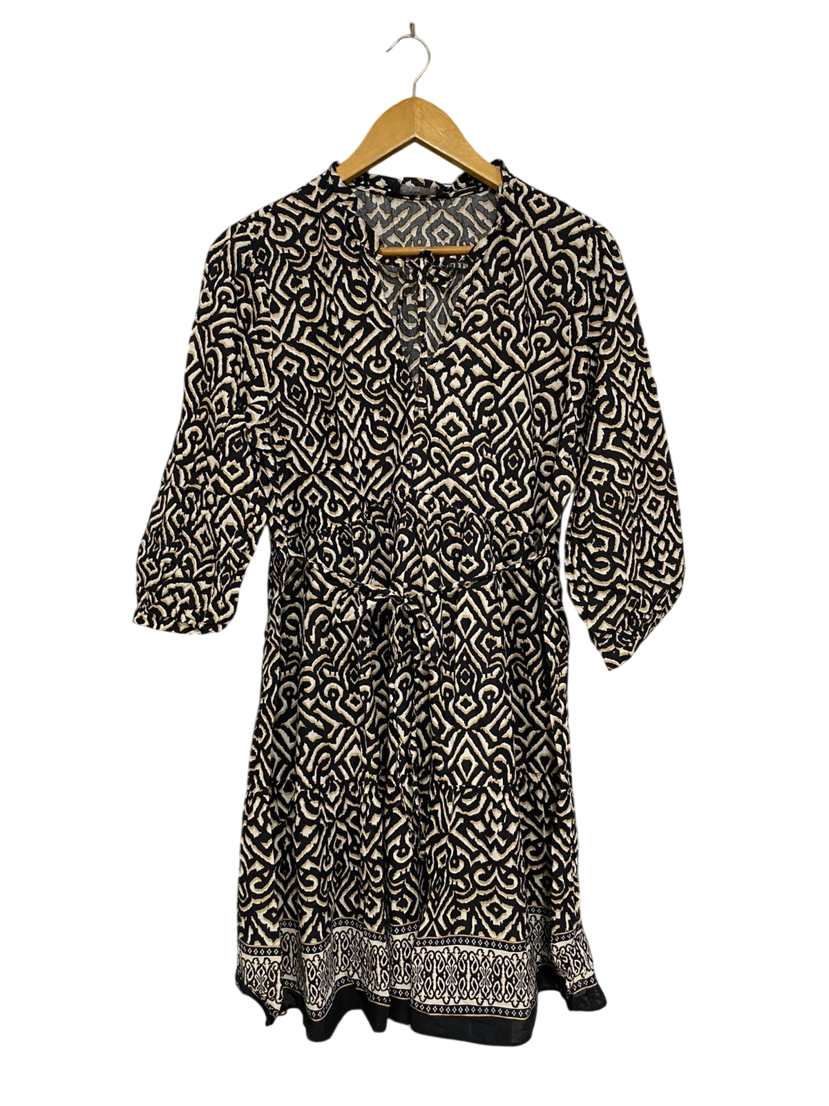 F&F |L| BUST 19| A32| BLACK & BEIGE GEOMETRIC TRIBAL-PRINT V-NECK BELTED MIDI DRESS