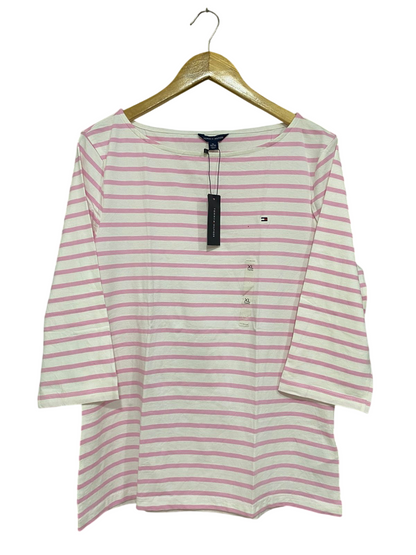TOMMY HILFIGER |XL| BUST 19| A32| WHITE & PINK STRIPED BOAT-NECK 3/4-SLEEVE TOP