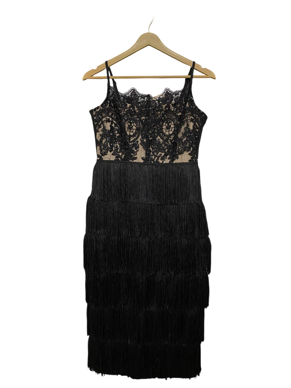 BOOHOO |S| BUST 16| A32| BLACK LACE-EMBELLISHED TIERED FRINGE CAMI MIDI DRESS