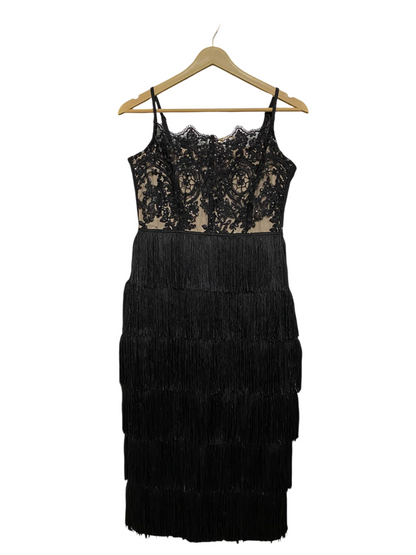 BOOHOO |S| BUST 16| A32| BLACK LACE-EMBELLISHED TIERED FRINGE CAMI MIDI DRESS
