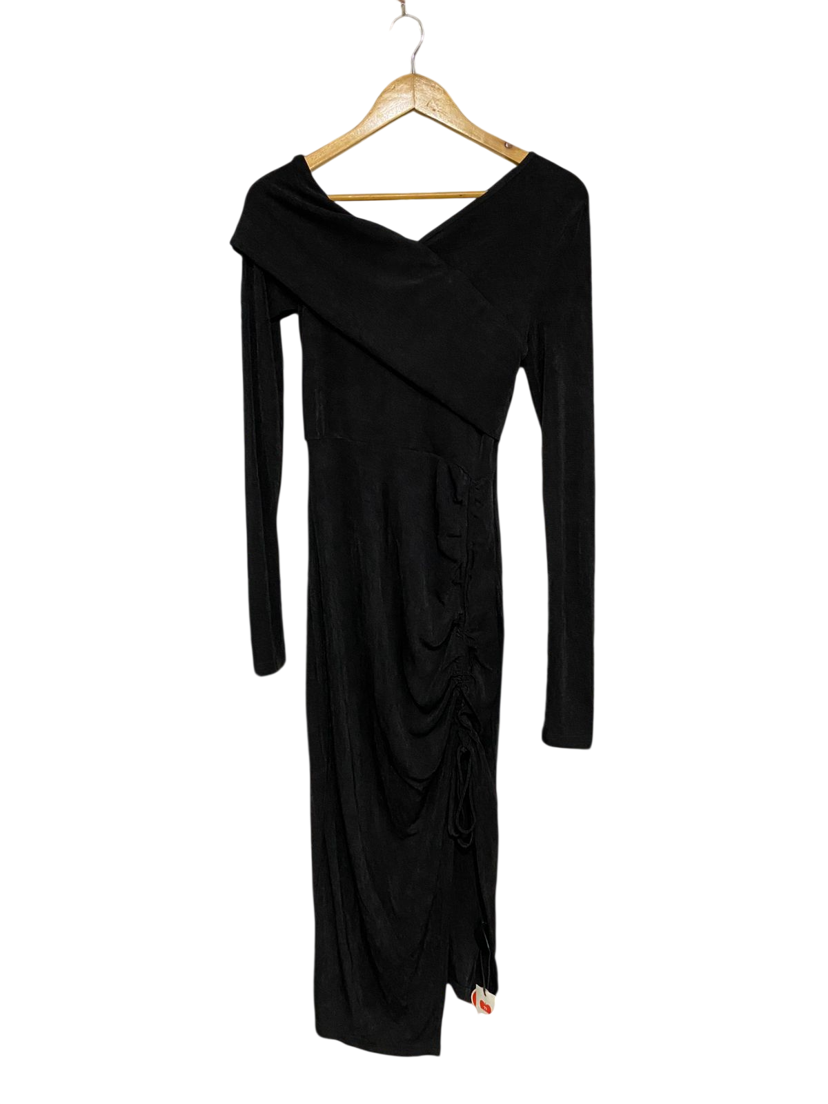 CIDER |M| BUST 14| A32| BLACK CROSSOVER ASYMMETRIC-NECK RUCHED LONG-SLEEVE MIDI DRESS