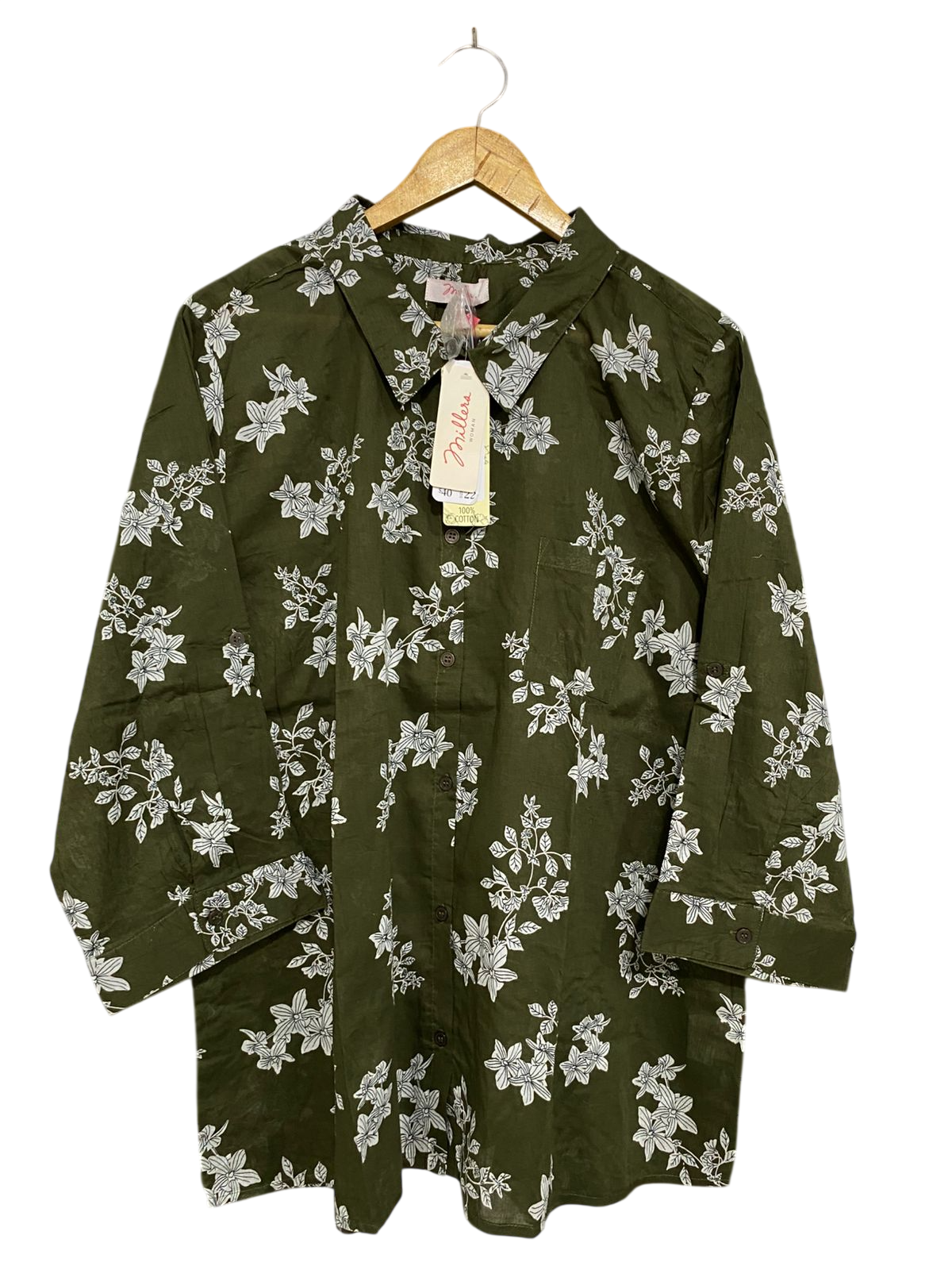 MILLERA |XL| BUST 24| A32| OLIVE GREEN & WHITE FLORAL PRINT BUTTON-UP TUNIC SHIRT