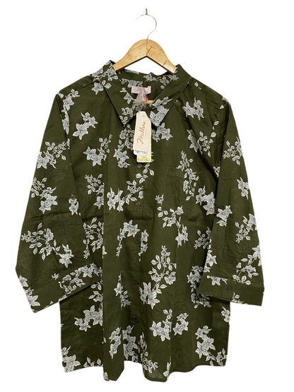 MILLERA |XL| BUST 24| A32| OLIVE GREEN & WHITE FLORAL PRINT BUTTON-UP TUNIC SHIRT