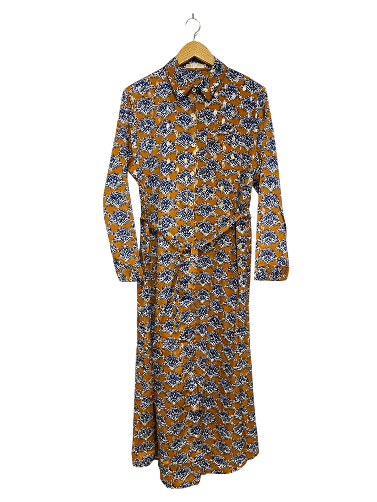 BEST LIVE |XL| BUST 20| A32| MUSTARD & BLUE ORNAMENTAL SCALLOP-PRINT BUTTON-FRONT BELTED MAXI DRESS