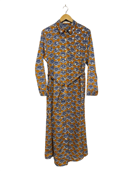 BEST LIVE |XL| BUST 20| A32| MUSTARD & BLUE ORNAMENTAL SCALLOP-PRINT BUTTON-FRONT BELTED MAXI DRESS