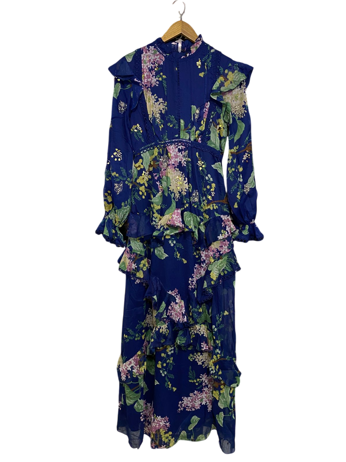 ASOS |S| BUST 16| A32| ROYAL BLUE FLORAL SEQUIN-EMBELLISHED RUFFLED MAXI DRESS