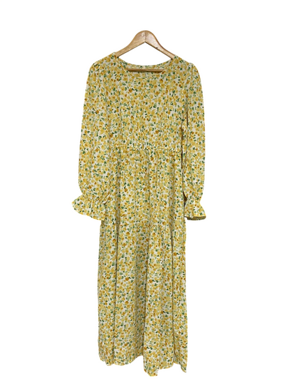 |L| BUST 18| A32| YELLOW & WHITE FLORAL TIERED LONG-SLEEVE MIDI DRESS
