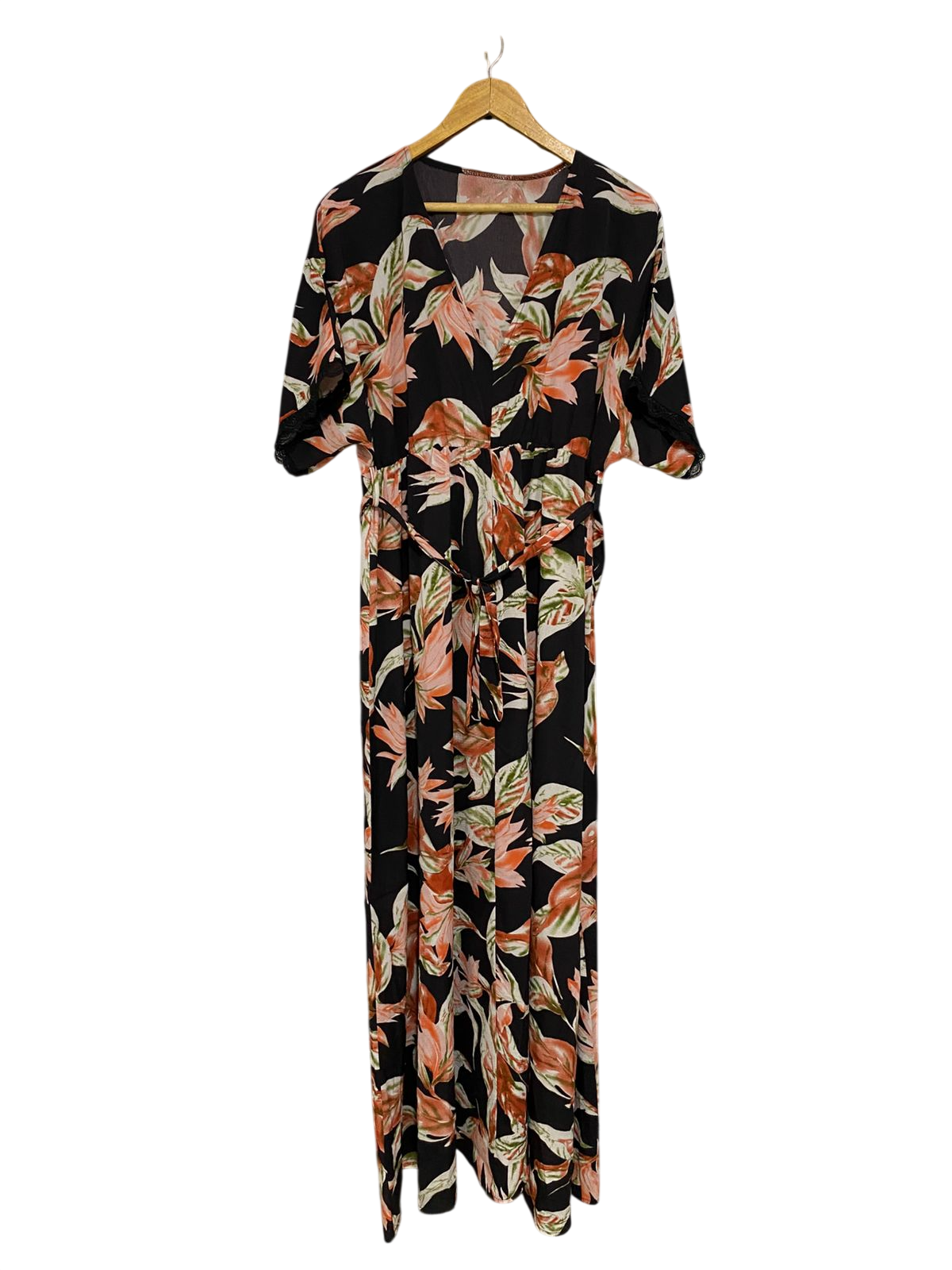 |XL| BUST FREE| A32| BLACK & RUST TROPICAL LEAF V-NECK BELTED MAXI DRESS