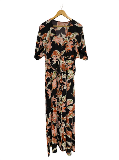 |XL| BUST FREE| A32| BLACK & RUST TROPICAL LEAF V-NECK BELTED MAXI DRESS