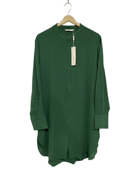 MARINA KANEVA |L| BUST 22| A32| EMERALD GREEN BAND-COLLAR LONG-LINE BUTTON-UP TUNIC SHIRT