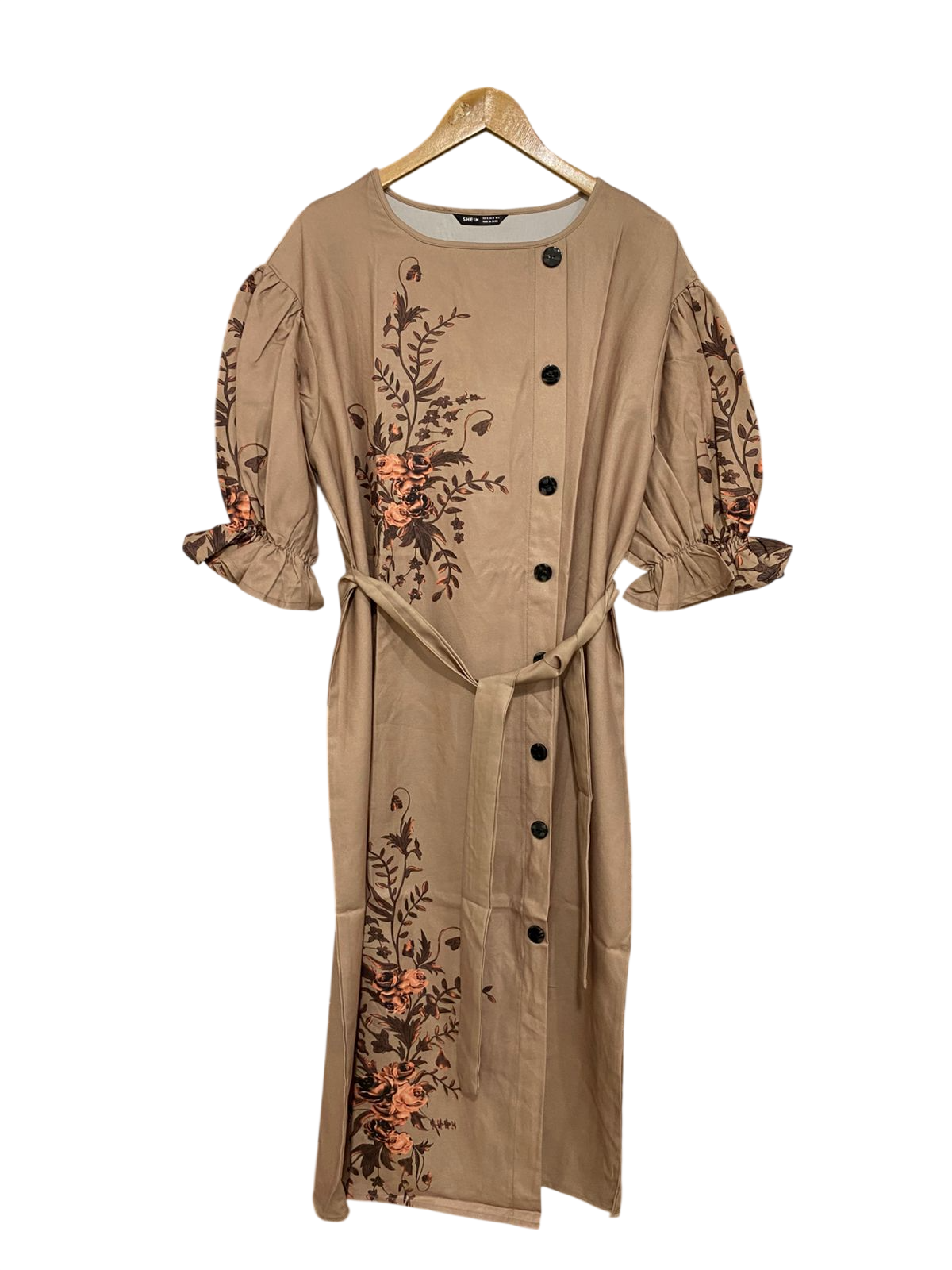 SHEIN |M| BUST 22| A32| KHAKI & BROWN FLORAL ASYMMETRIC-BUTTON BELTED MIDI DRESS