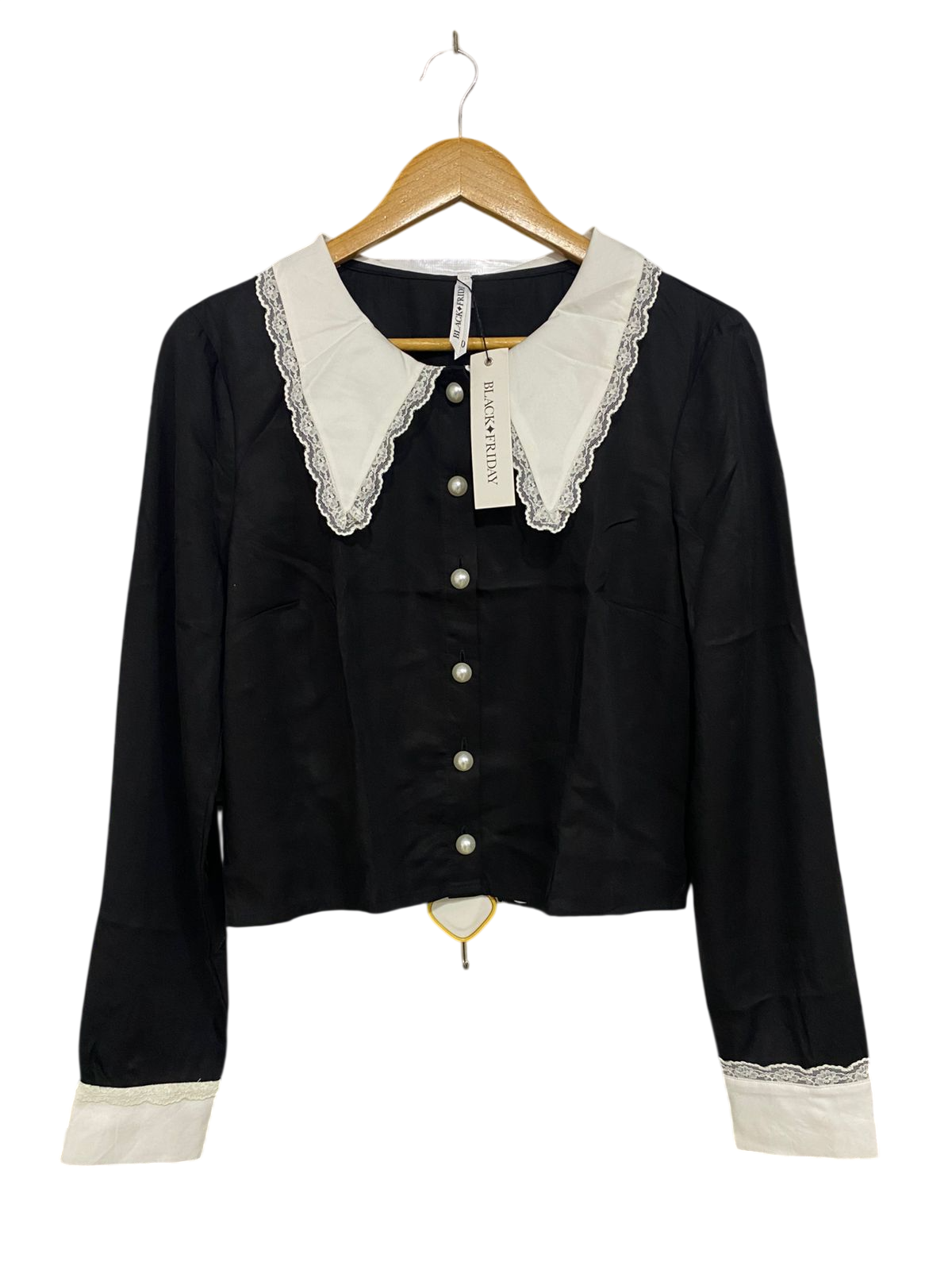 BLACK FRIDAY |M| BUST 19| A32| BLACK & WHITE LACE-TRIM PETER PAN COLLAR PEARL-BUTTON BLOUSE