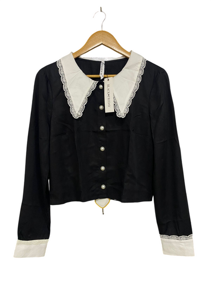 BLACK FRIDAY |M| BUST 19| A32| BLACK & WHITE LACE-TRIM PETER PAN COLLAR PEARL-BUTTON BLOUSE