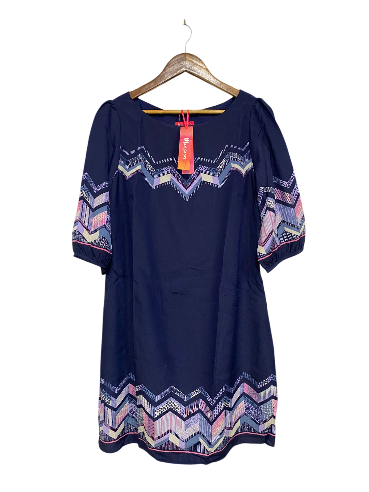 MONSOON |M| BUST 19| A32| NAVY BLUE CHEVRON GEOMETRIC PRINT SHIFT DRESS