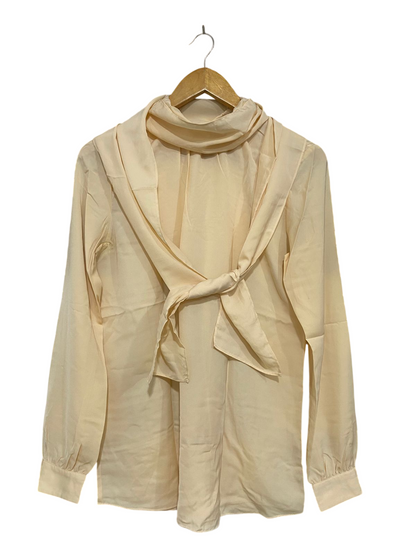 SISLEY |L| BUST 19| A32| CREAM SILKY TIE-NECK COWL-COLLAR LONG-SLEEVE BLOUSE