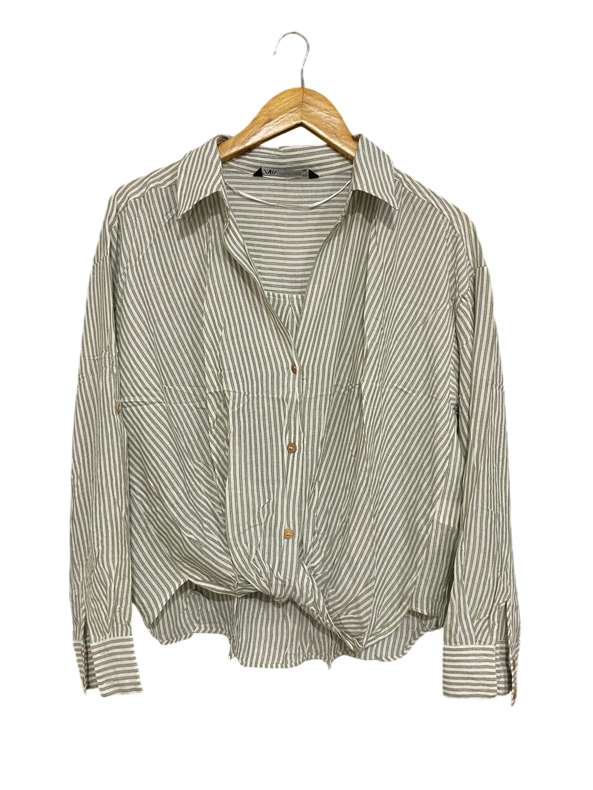 ZARA |M| BUST 23| A32| OLIVE GREEN & WHITE STRIPED FRONT-KNOT LONG-SLEEVE SHIRT