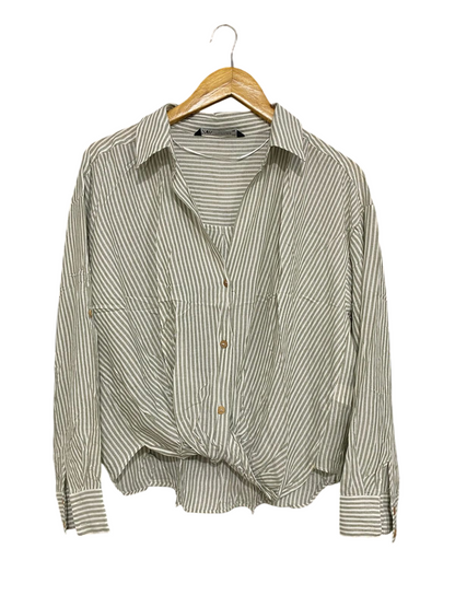 ZARA |M| BUST 23| A32| OLIVE GREEN & WHITE STRIPED FRONT-KNOT LONG-SLEEVE SHIRT