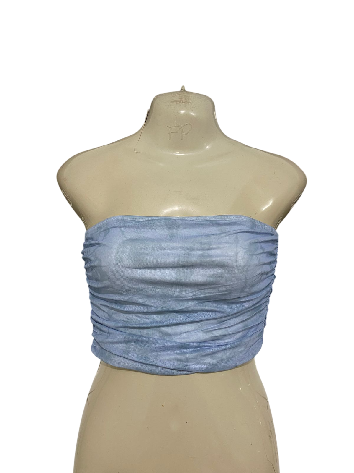 CIDER |XS| BUST 13| A32| BABY BLUE MESH RUCHED STRAPLESS BANDEAU CROP TOP