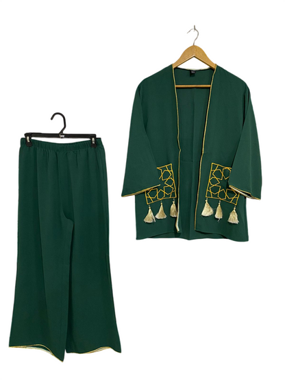 SHEIN |M| A32| EMERALD GREEN GOLD-TRIMMED EMBROIDERED POCKET OPEN-FRONT CARDIGAN & PANTS CO-ORD SET