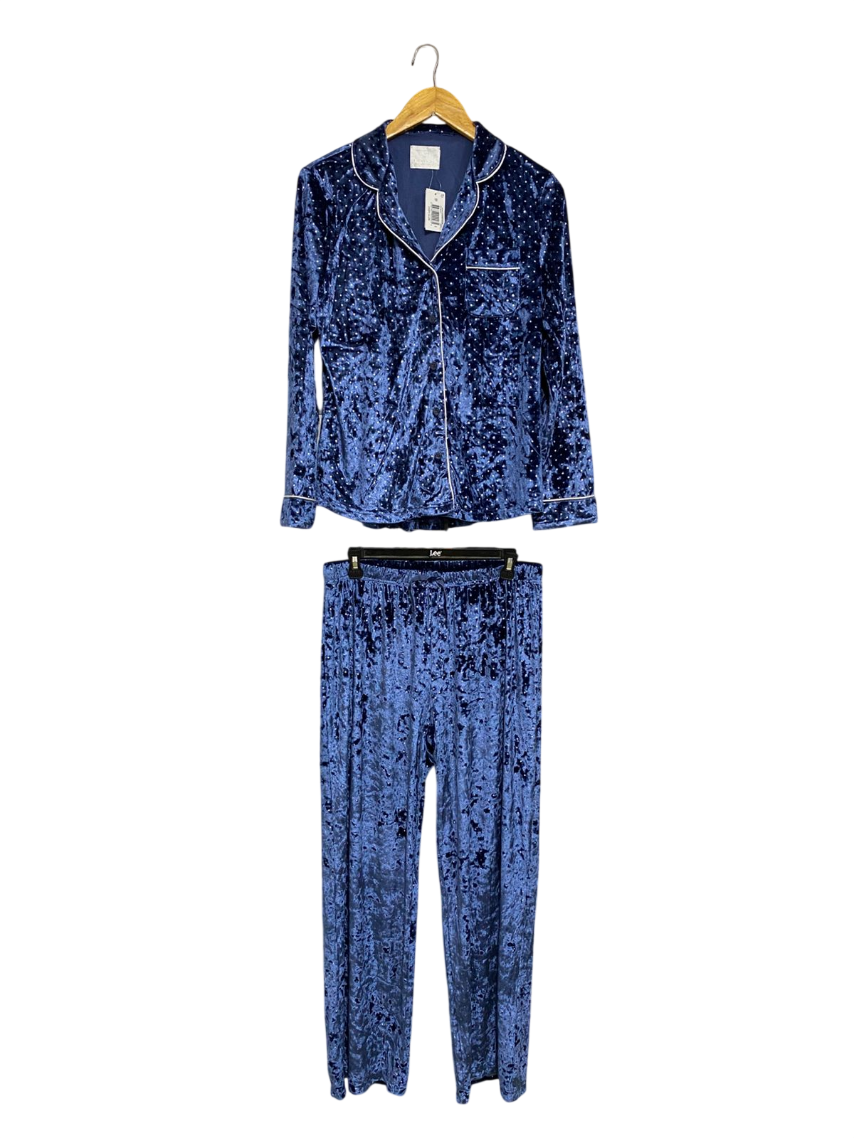 TIME TO SREAM |L| A32| BLUE CRUSHED VELVET PAJAMA-STYLE BUTTON-UP SHIRT & PANTS CO-ORD SET