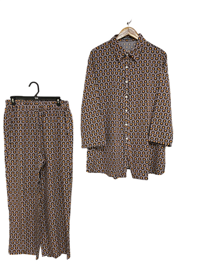 SHEIN |XL| A32| BLACK, ORANGE & WHITE GEOMETRIC PRINT COLLARED SHIRT & PANTS CO-ORD SET