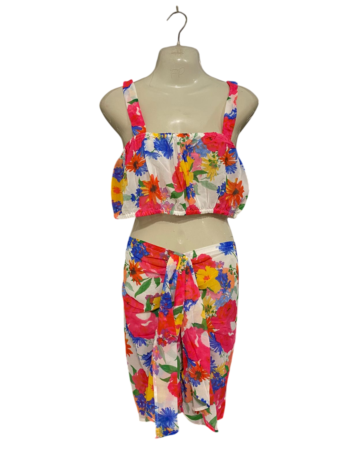 BOOHOO |L| A32| VIBRANT MULTICOLOR FLORAL CROP TOP & TIE-FRONT SARONG SKIRT CO-ORD SET