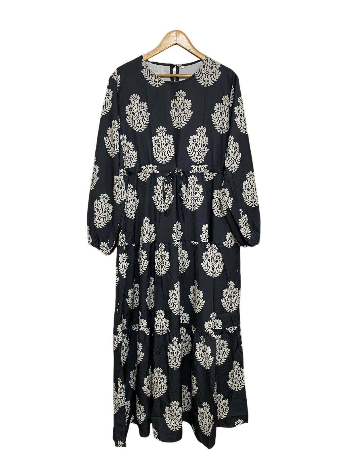 |XL| BUST 22| A32| BLACK & BEIGE BLOCK-PRINT BOHEMIAN TIERED LONG-SLEEVE MAXI DRESS