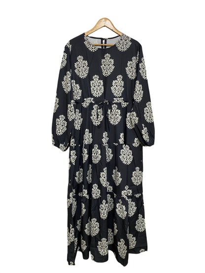 |XL| BUST 22| A32| BLACK & BEIGE BLOCK-PRINT BOHEMIAN TIERED LONG-SLEEVE MAXI DRESS