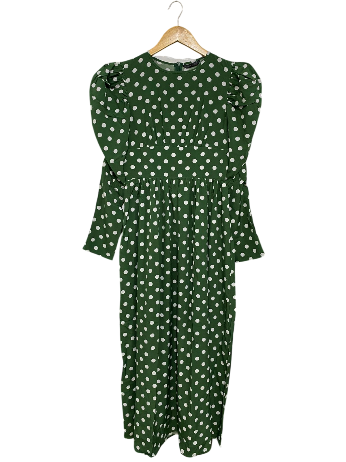 SHEIN |XS| BUST 15| A32| FOREST GREEN & WHITE POLKA DOT PUFF-SLEEVE MIDI DRESS