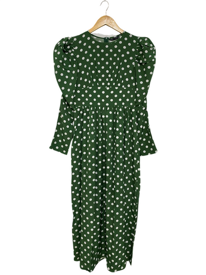 SHEIN |XS| BUST 15| A32| FOREST GREEN & WHITE POLKA DOT PUFF-SLEEVE MIDI DRESS