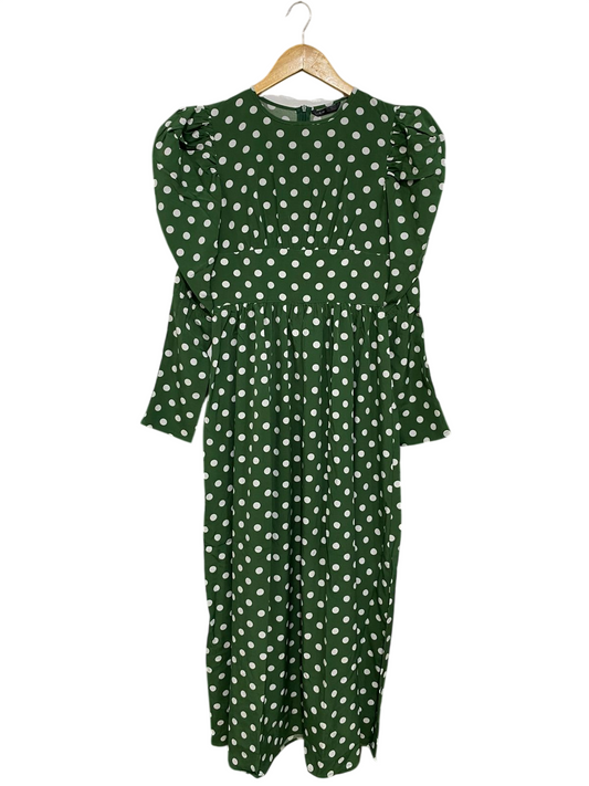 SHEIN |XS| BUST 15| A32| FOREST GREEN & WHITE POLKA DOT PUFF-SLEEVE MIDI DRESS