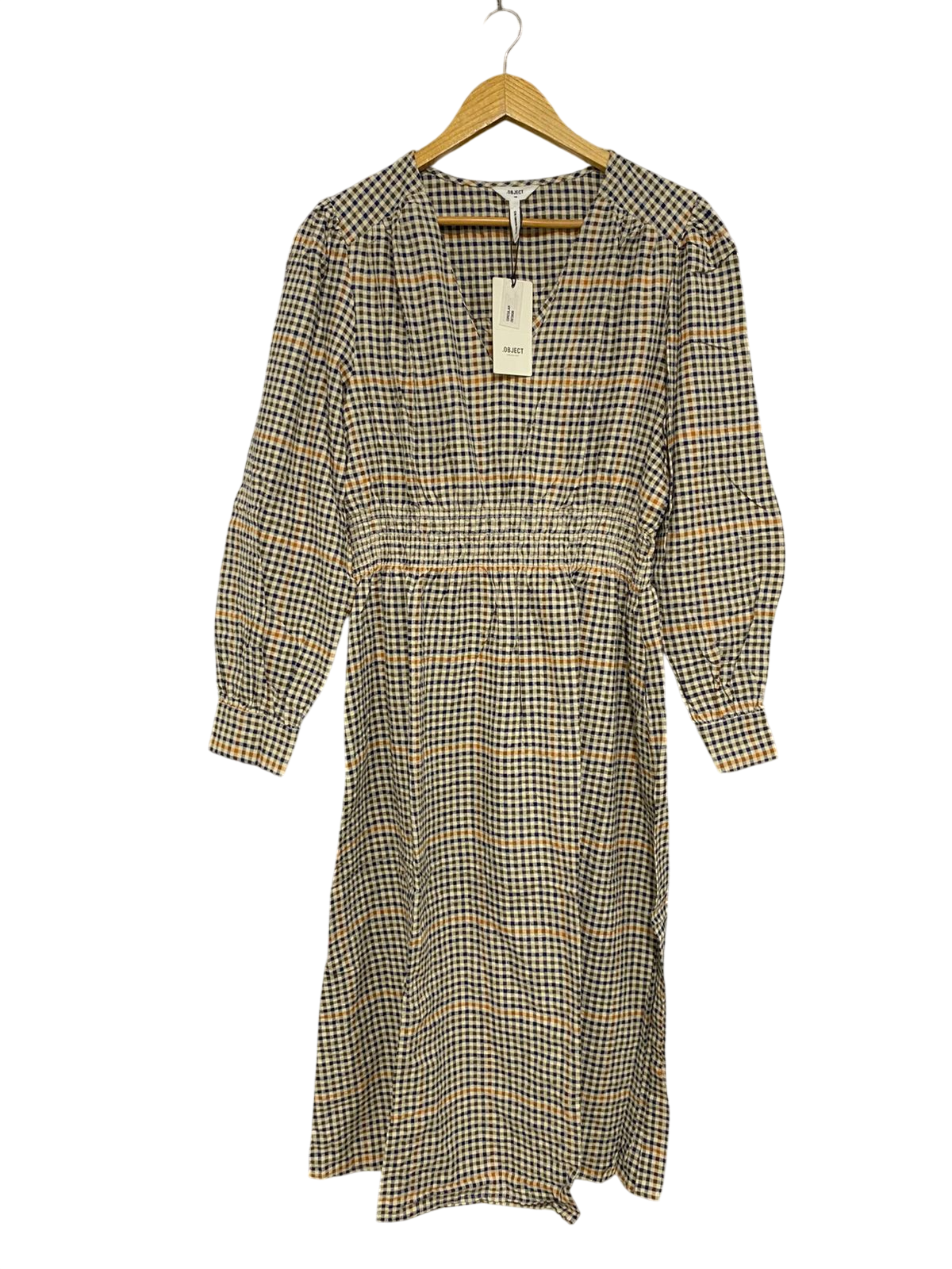 OBJECT |L| BUST 20| A32| BLACK & YELLOW GINGHAM V-NECK SMOCKED-WAIST MIDI DRESS