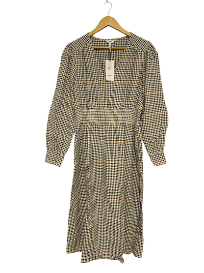 OBJECT |L| BUST 20| A32| BLACK & YELLOW GINGHAM V-NECK SMOCKED-WAIST MIDI DRESS