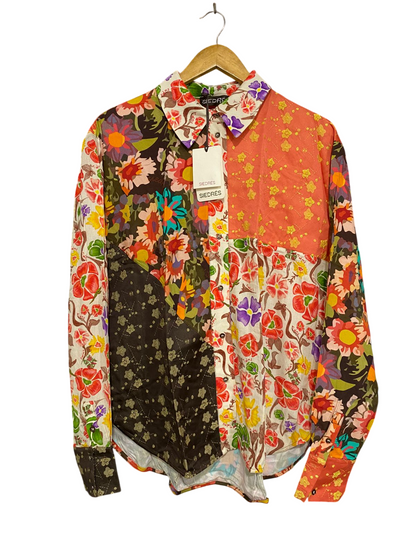 SIEDRES |M| BUST 22| A32| MULTICOLOR PATCHWORK FLORAL COLLARED LONG-SLEEVE BUTTON-UP SHIRT