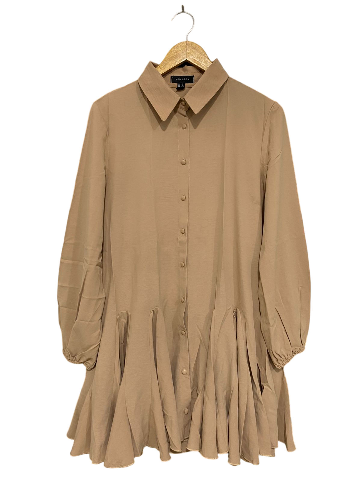 NEW LOOK |M| BUST 19| A32| CAMEL BUTTON-DOWN DROP-WAIST PLEATED-HEM MINI DRESS