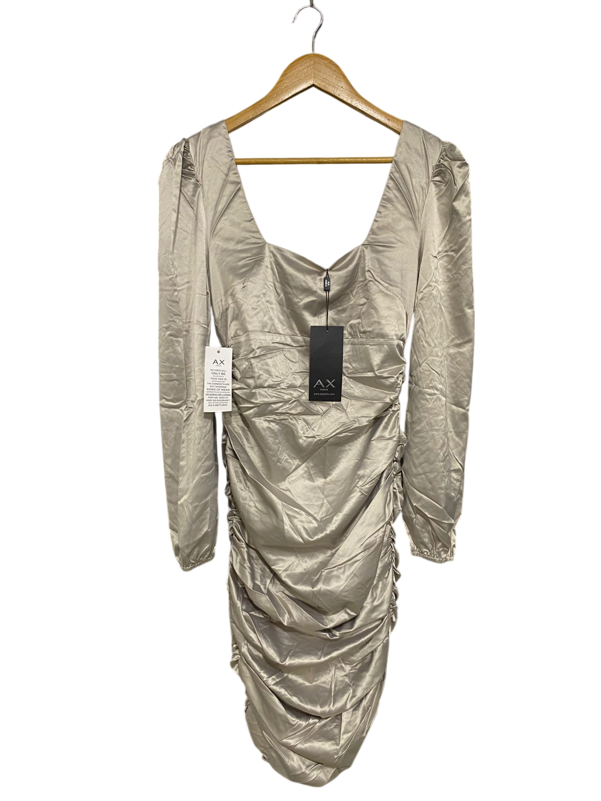 AX PARIS |M| BUST 15| A32| CHAMPAGNE SATIN RUCHED SQUARE-NECK LONG-SLEEVE MIDI DRESS