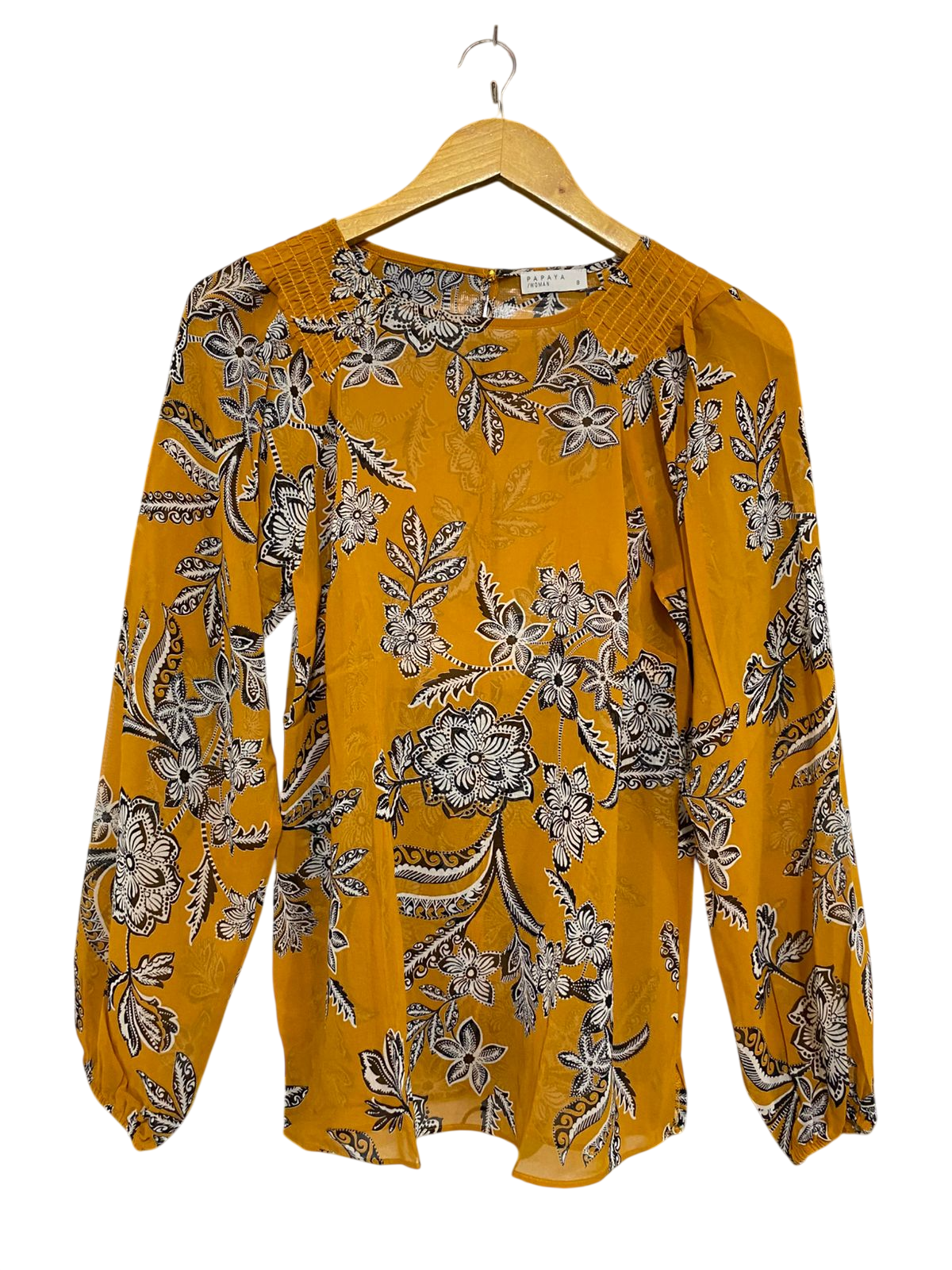 PAPAYA |S| BUST 17| A32| MUSTARD YELLOW & BLACK FLORAL LONG-SLEEVE SMOCKED-SHOULDER BLOUSE