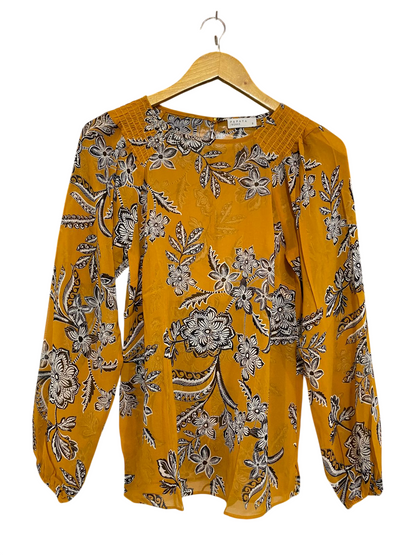 PAPAYA |S| BUST 17| A32| MUSTARD YELLOW & BLACK FLORAL LONG-SLEEVE SMOCKED-SHOULDER BLOUSE