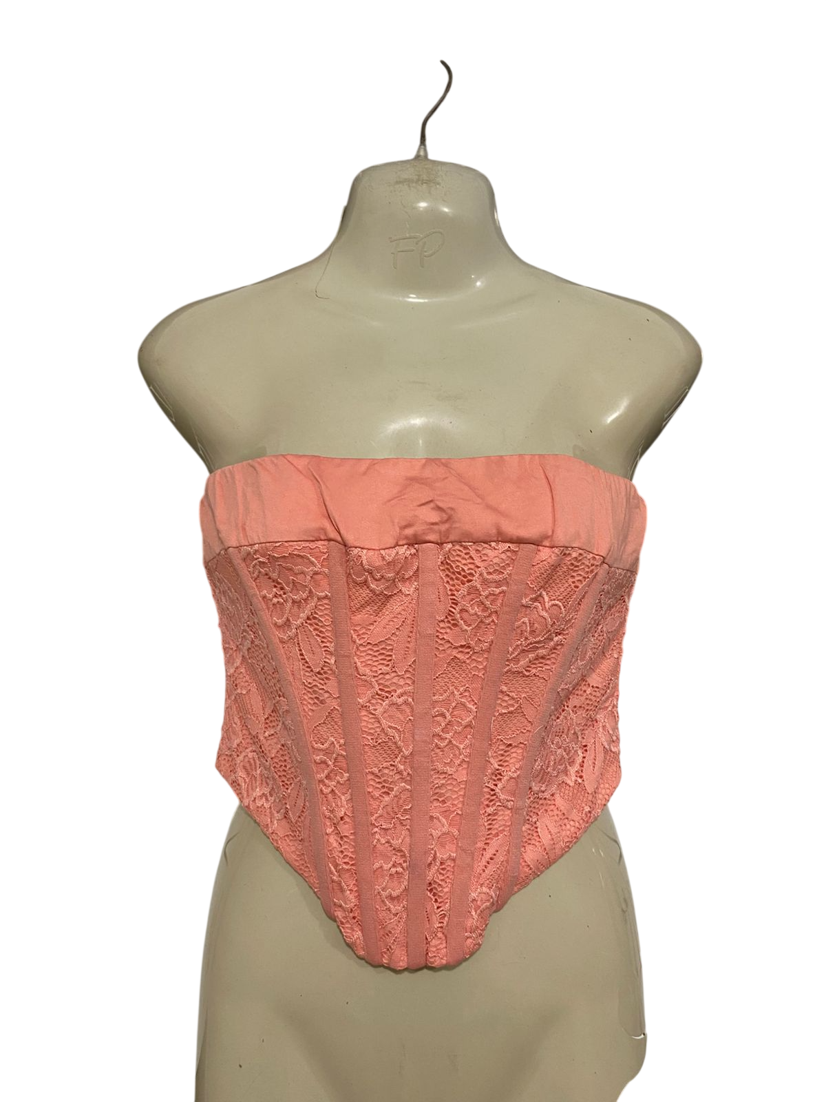 WHOIAM |S| BUST 14| A32| PEACH LACE BONED STRAPLESS CORSET TOP