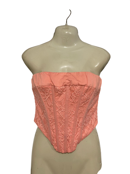 WHOIAM |S| BUST 14| A32| PEACH LACE BONED STRAPLESS CORSET TOP