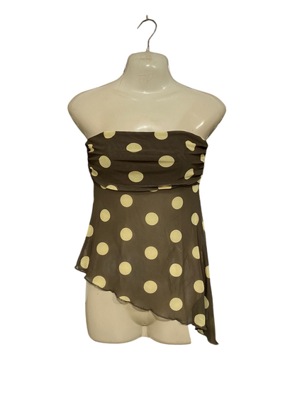 GLASSONS |S| BUST 13| A32| BROWN & YELLOW POLKA DOT STRAPLESS ASYMMETRIC TUBE TOP
