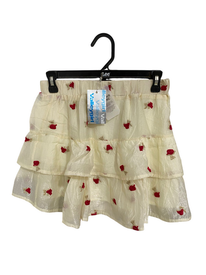 VALLEY GIRL |S| WAIST 26| A32| CREAM & RED FLORAL EMBROIDERED TIERED MINI SKIRT