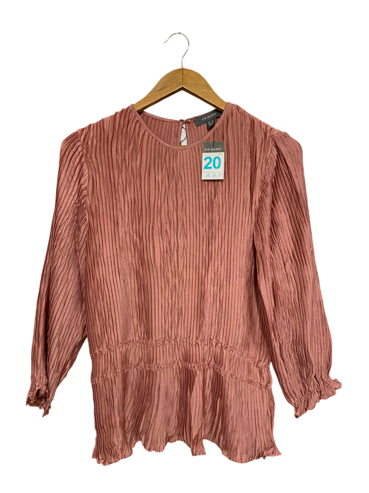 PRIMARK |M| BUST 19| A32| MAUVE PINK TEXTURED PLEATED LONG-SLEEVE PEPLUM TOP