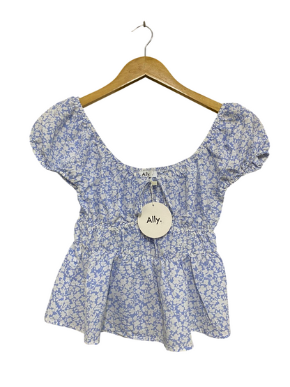 ALLY |S| BUST 13| A32| BLUE & WHITE FLORAL SCOOP-NECK PUFF-SLEEVE PEPLUM TOP