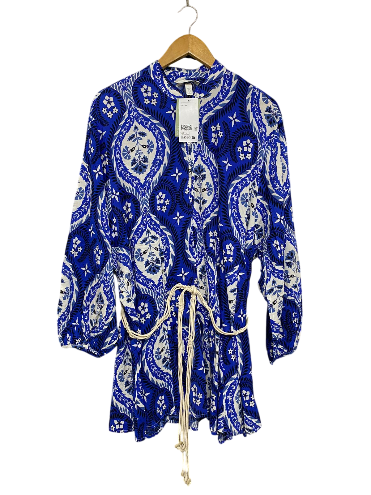 H&M |XL| BUST 21| A33| ROYAL BLUE & WHITE ORNATE DAMASK ROPE-BELTED TUNIC TOP