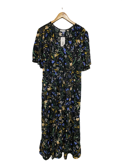 PAPAYA |L| BUST 20| A33| BLACK & MULTICOLOR FLORAL V-NECK SHORT-SLEEVE MIDI DRESS