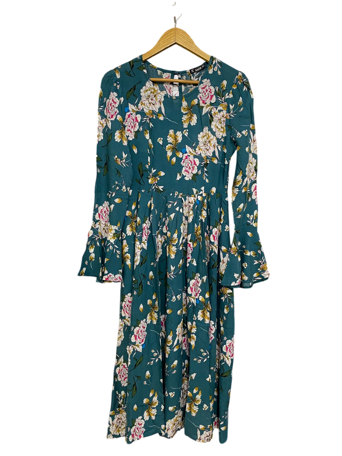 SHEIN |S| BUST 16| A33| TEAL & MULTICOLOR FLORAL CREW-NECK LONG-SLEEVE MIDI DRESS